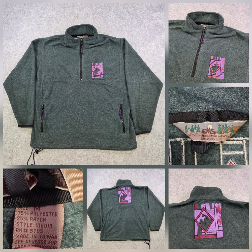 Vintage Eastern Mountain Sports Fleece Pullover Mens M Green 1/4 Zip Patch EMS